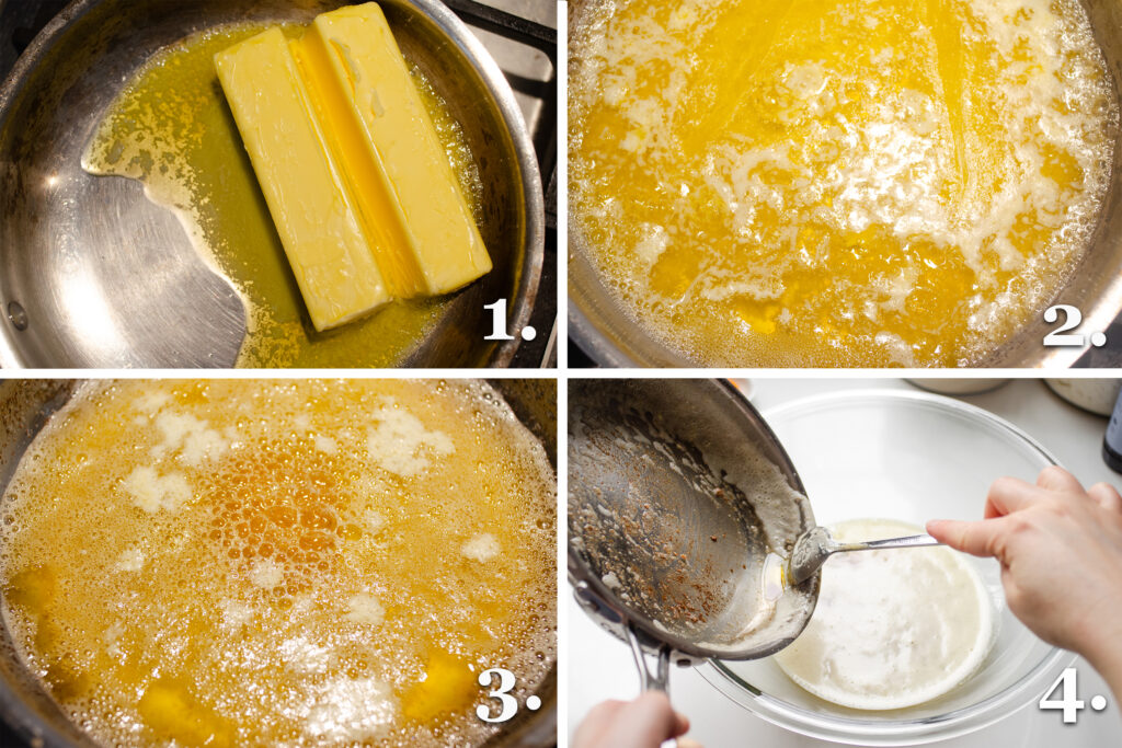 A four photo collage showing the process of browning butter.