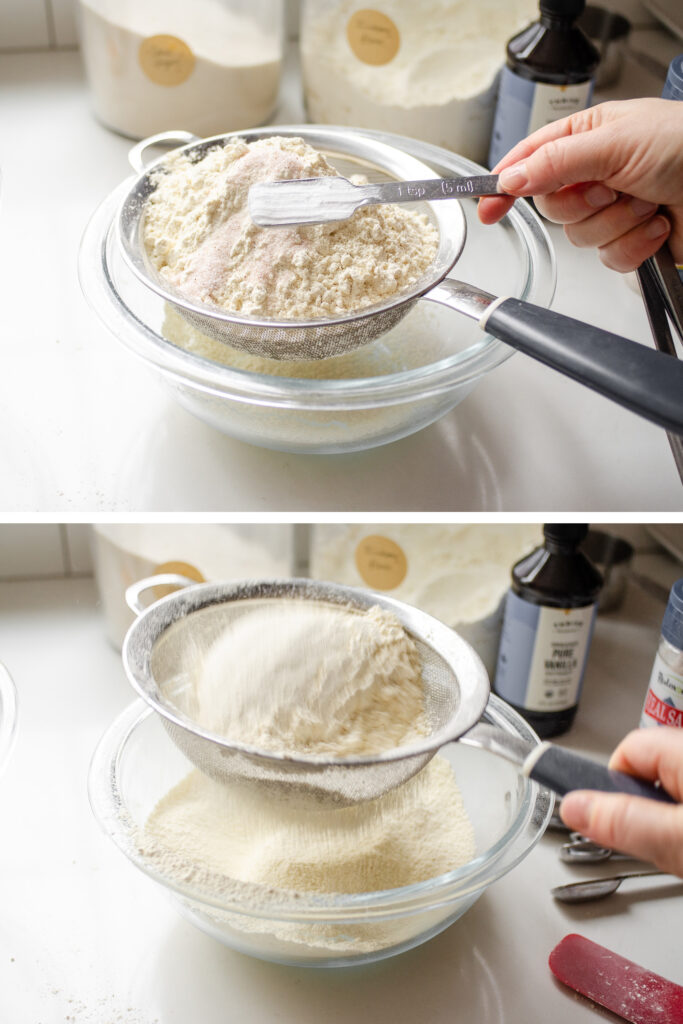 A two photo collage showing the process of sifting together the flour, salt, and baking soda.