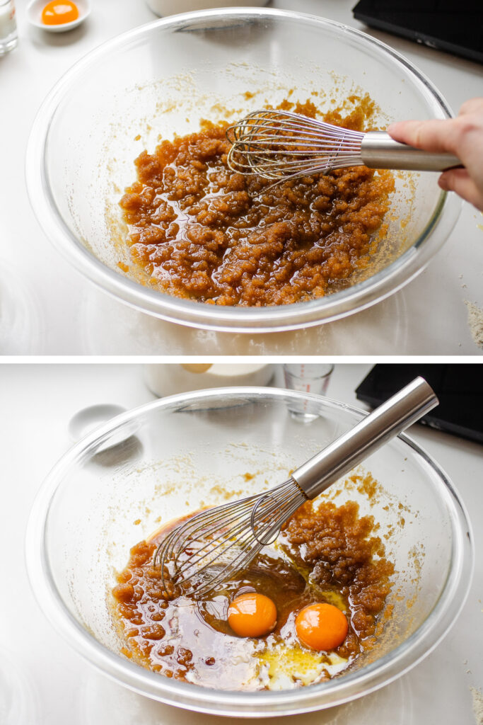 A 2-photo collage showing first whisking together the butter and sugars, then adding the eggs, milk, and vanilla.