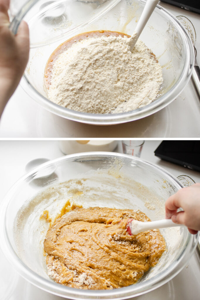 Adding the dry ingredients to the butter/sugar mixture and mixing until just barely mixed.