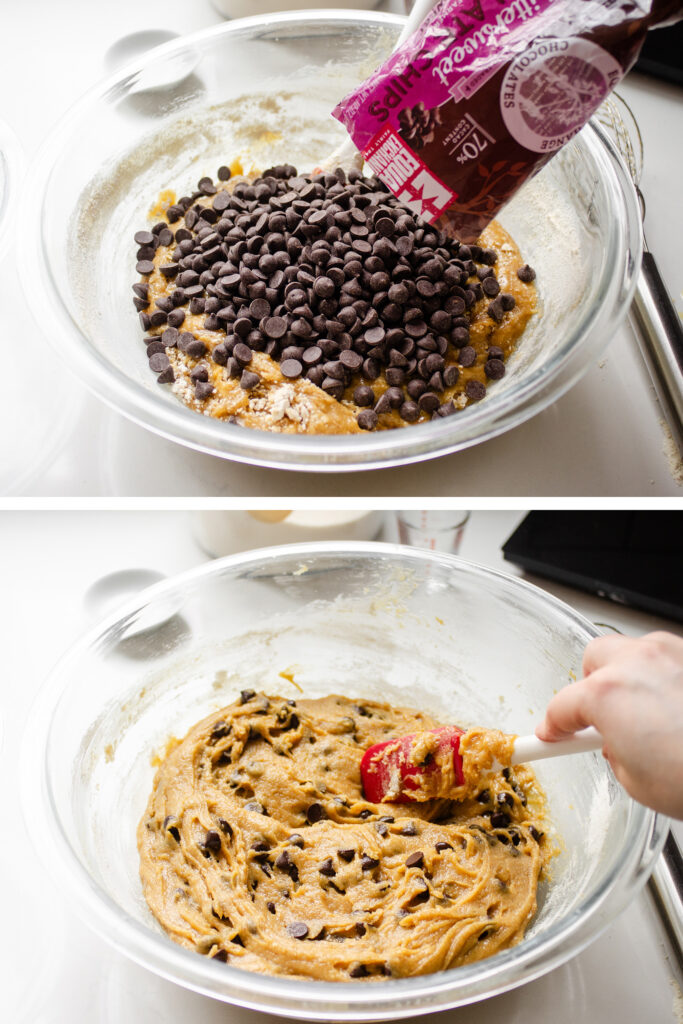 A photo collage showing adding the chocolate chips to the batter, then folding them in with a spatula. 