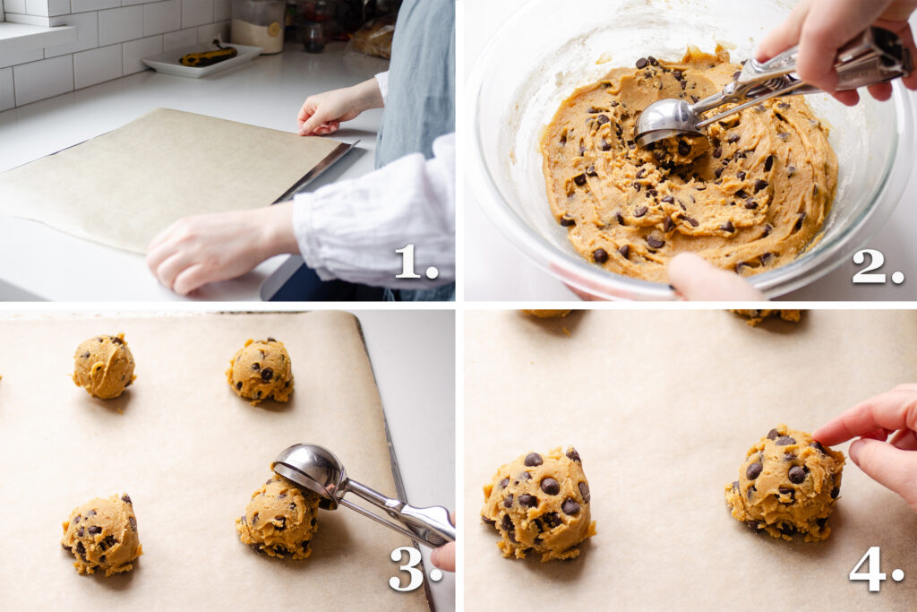 A 4 photo collage showing preparing the baking sheet and scooping the einkorn chocolate chip cookies onto it.
