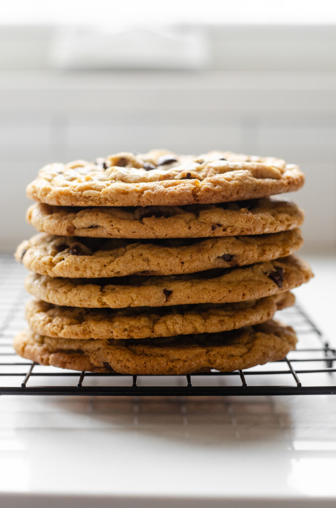 A stack of einkorn flour chocolate chip cookies from the side.