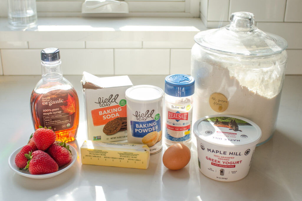 All of the ingredients needed to make the base of the easy strawberry scones.