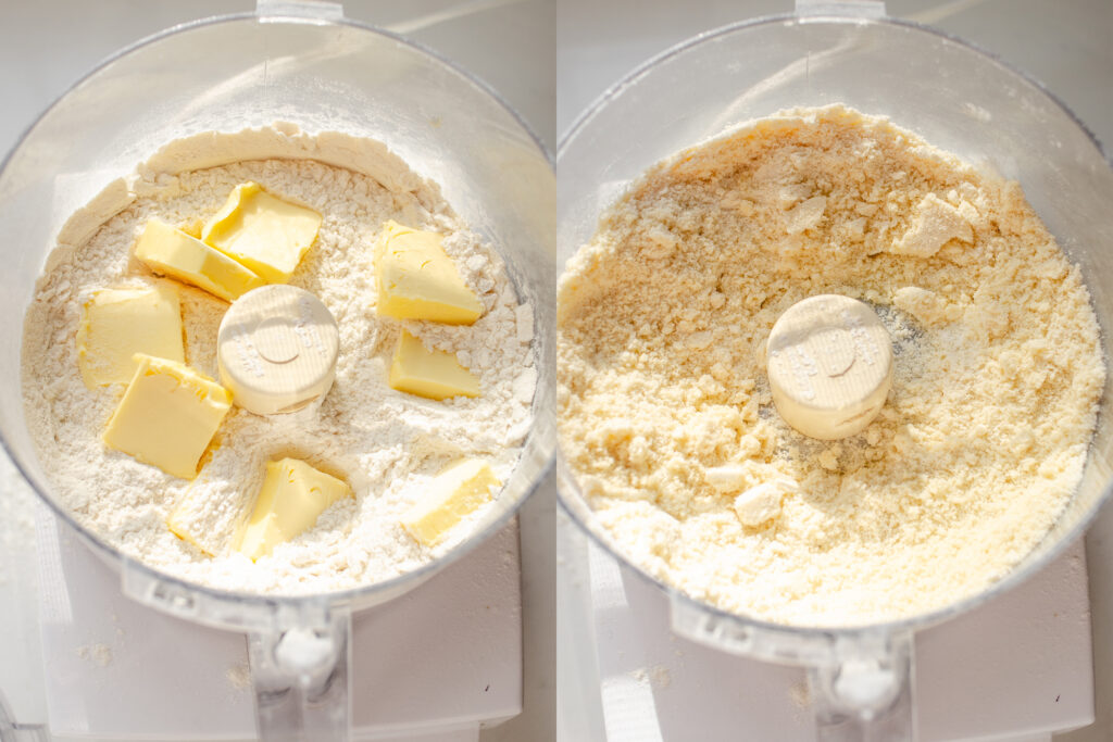 A diptych showing a food processor with chunks of butter on the left, and the mixed dough on the right.
