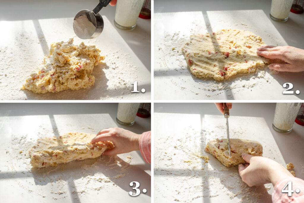 A photo collage showing the process of rolling out the scones and cutting them into triangles.