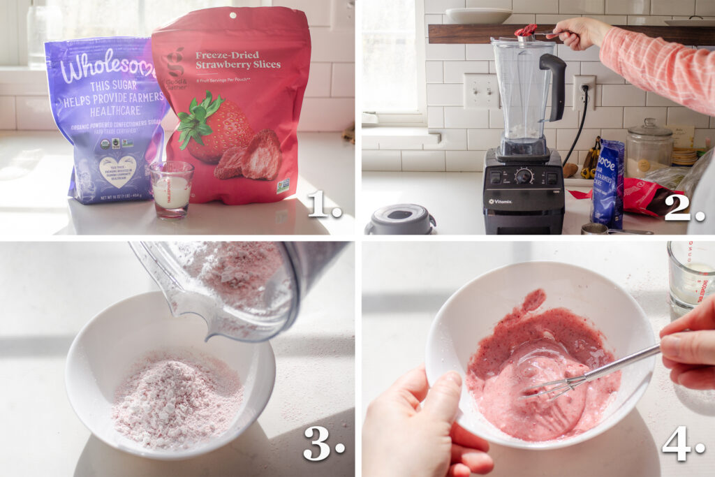 A photo collage showing how to make the strawberry frosting.