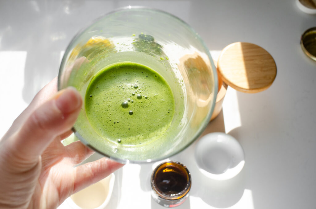 Showing the texture of the matcha pistachio mixture.
