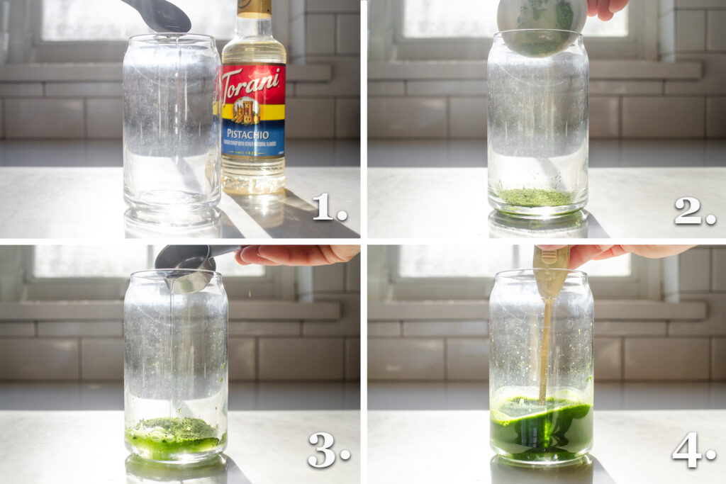 A collage of 4 photos showing how to make the matcha portions of the simple version.