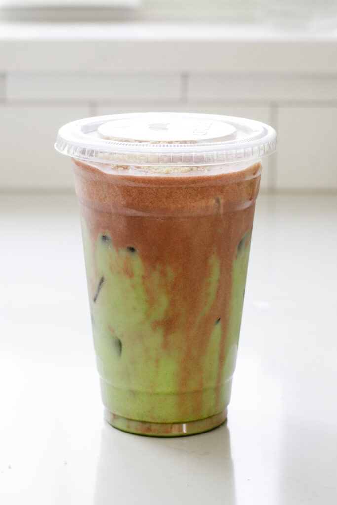An iced Dubai chocolate matcha latte made with the Target pistachio latte mix.