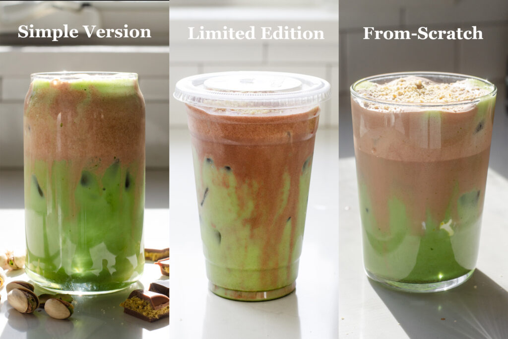 A collage of 3 photos showing the different versions of the Starbucks Iced Dubai Chocolate Matcha latte.