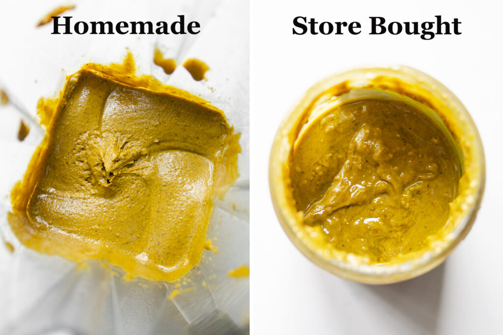A photo collage showing homemade pistachio butter in a blender pitcher, and a jar of store bought pistachio butter.