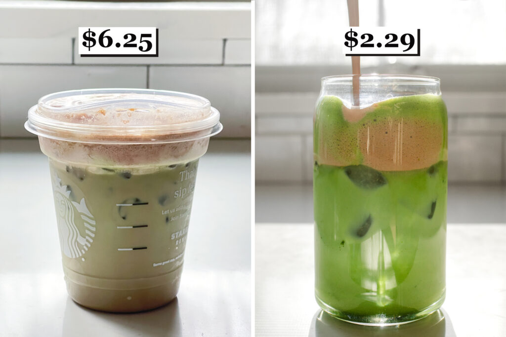 A diptych showing the Starbucks Iced Dubai Matcha and price on the left, and my homemade version and price on the right.