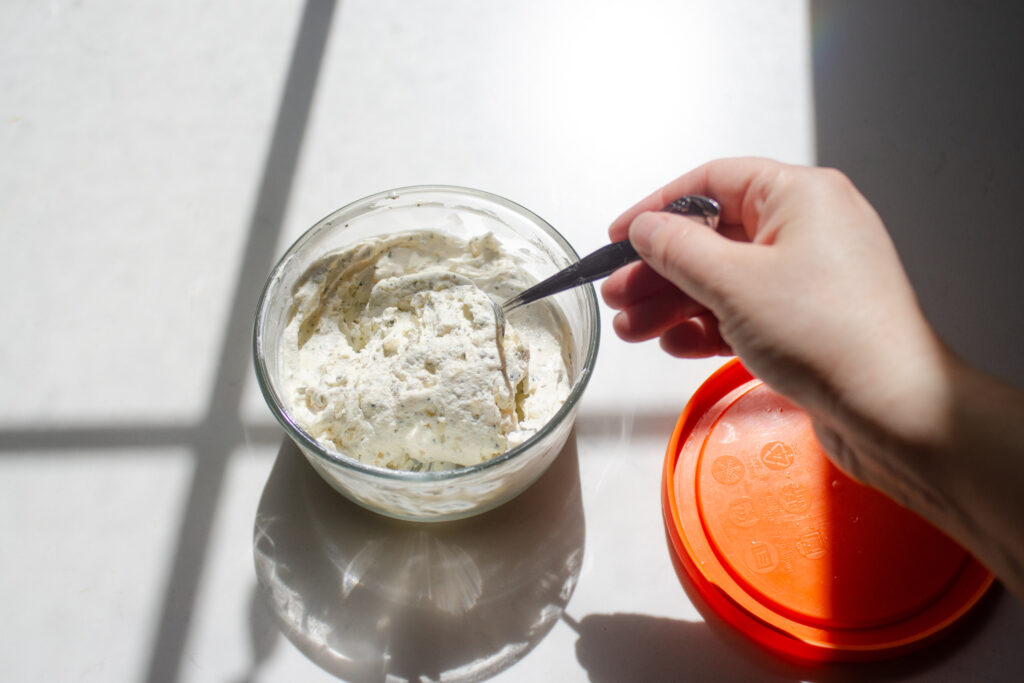 Showing what the onion sour cream dip looks like the next day.