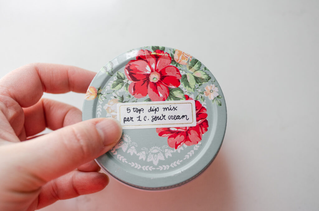 Add a label to the onion dip mix to show how much to use when making the dip.