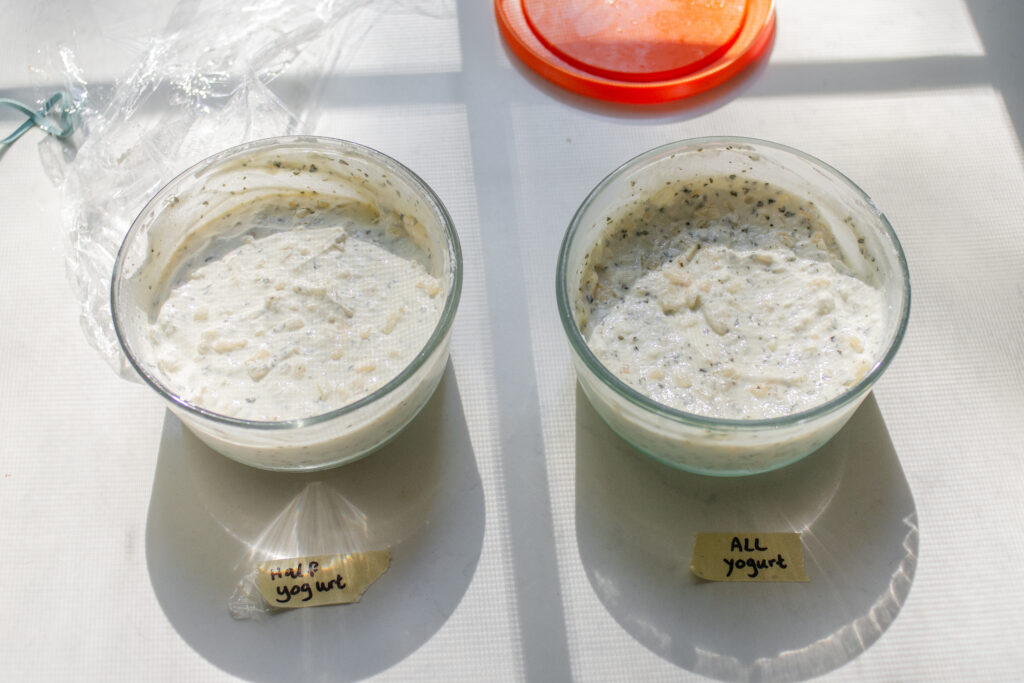 A side by side comparison of the dip made with half Greek yogurt, and the dip made with all Greek yogurt.
