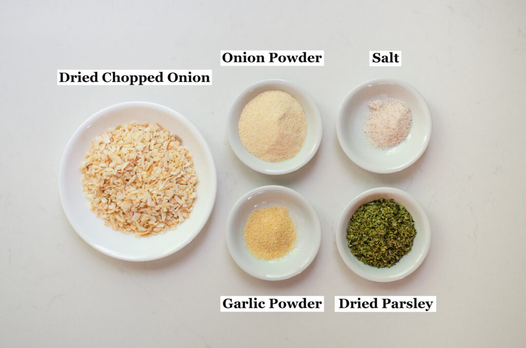 All of the ingredients needed to make an onion dip mix at home.