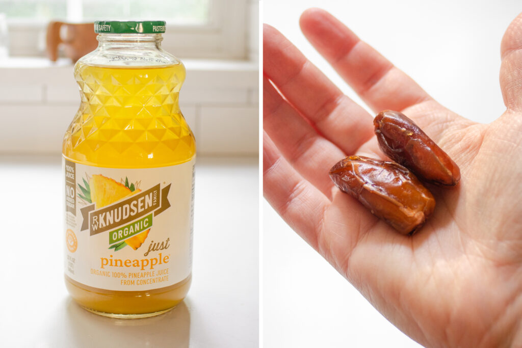 A diptych showing a bottle of pineapple juice on the left, and a hand holding 2 dates on the right.