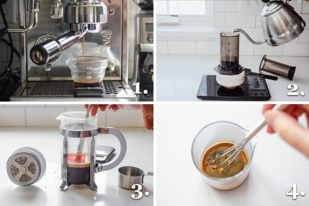 A photo collage showing different ways you can make espresso strength coffee.