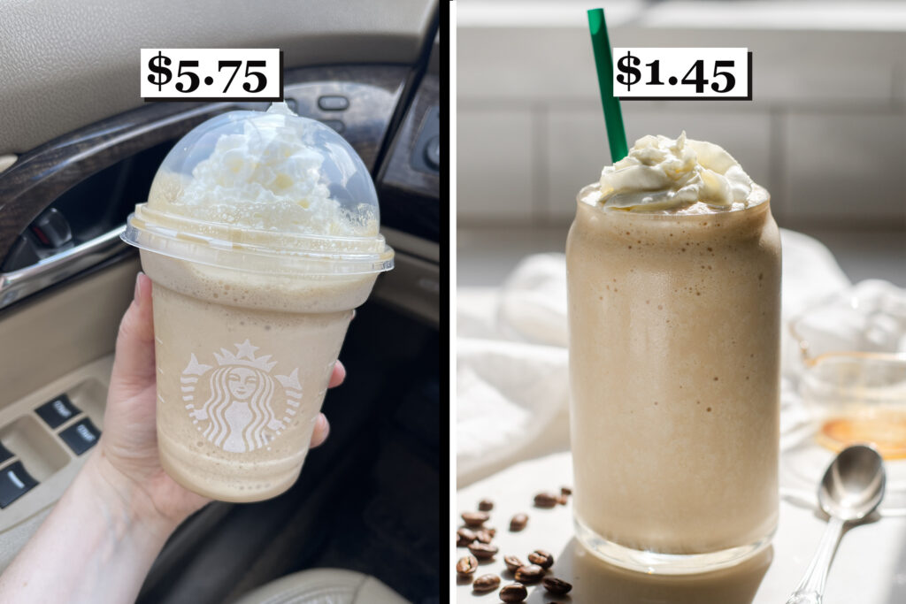 A diptych showing the price of a Starbucks coffee Frappuccino vs the homemade version.