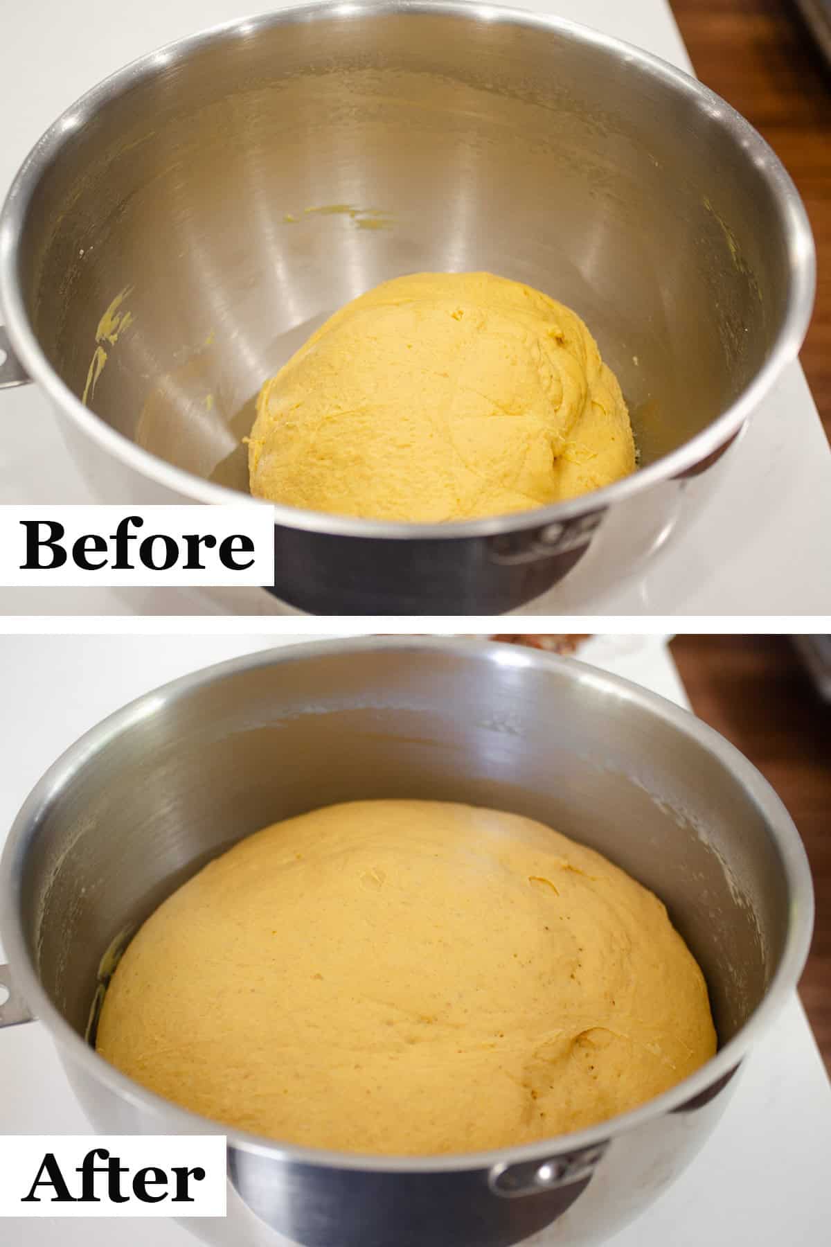 A diptych showing the dough before and after the first rise.